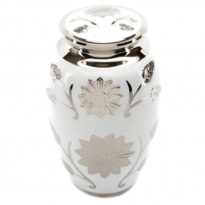 Superior Brass Cremation Ashes Urn  - Adult Size - Gleaming White - Silver Floral Design